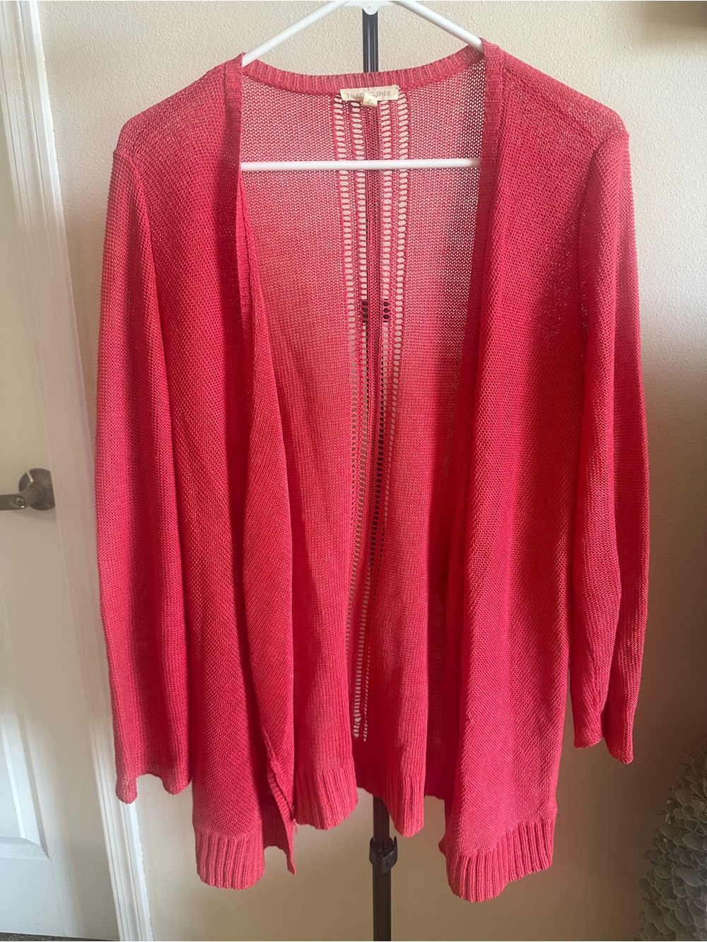 Eileen Fisher 100% Linen Open-Front Cardigan in Coral